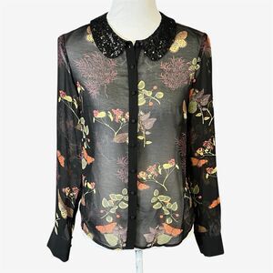 Kensie blouse S black sheer peter pan sequin collar butterfly botantical print